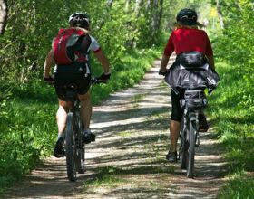 Zwei Radfahrer/innen, die einen Waldweg entlang fahren. Rückenansicht während der Fahrt. Am Rand rechts und links Gras und Bäume. Beispielbild für Freizeitaktivität in Kamenz.