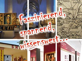 Titelbild des Museumsflyers mit der Aufschrift "faszinierend, spannend, wissenswert". Unterschiedliche Museums-Ansichten als Beispiel für Einrichtungen in Kamenz, wie das Lessing-Museum, Museum der Westlausitz, Sakralmuseum, Tankstellenmuseum und Archiv.. 