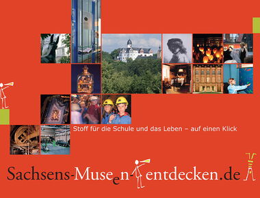 Postkarte Sachsens Museen entdecken mit der Aufschrift Stoff für die Schule und das Leben - auf einen Klick. 15 kleine Abbildungen unterschiedlicher Museen mit Besuchern, Exponaten und Gebäuden als Beispiel für Museumseinrichtungen in Sachsen.. 