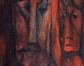 Aquarell-Gemälde Alter König und Teufel, 1999 von Christina Hantsch als Beispielveranschaulichung. Bild in Rottönen gehalten. Links-mittig ist das gemalte Gesicht eines Mannes zu sehen. Rechts neben ihm das Gesicht eines Teufels.