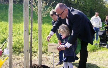 Beispielaufnahme einer Baumpflanzung für die Neugeborenen im Kamenzer Herrental. Oberbürgermeister Dantz befestigte das Baumschild mit einem kleinen Mädchen in der Erde. Im Hintergrund Eltern mit Kinderwagen.