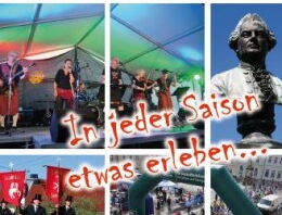 Flyer Jährlich wiederkehrende Veranstaltungshöhepunkte in Kamenz mit der Aufschrift "In jeder Saison etwas erleben". Ansichten unterschiedlicher Feste wie das Forstfest, die Fête de la Musique, das Osterreiten, der Blütenlauf und die Rhododendron-Saison.. 