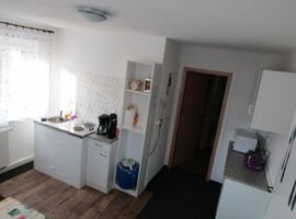 Pantry-Küche in der Ferienwohnung, mit Spüle, kleinem Kochbereich. Küchengeräten und Schränken.