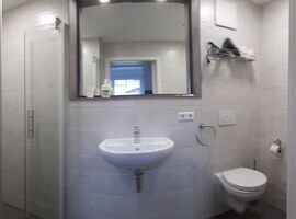 Badansicht mit ebenerdiger Dusche und Doppeltür links. Rechts Toilette. Mittig Waschbecken mit Spiegel, Handtuchhalter und Ablageflächen.. 