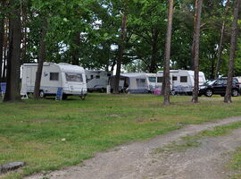 Vier Wohnmobile stehen beieinander auf einer grünen Wiese auf dem Campingplatz. Vor einem steht ein großes Wohnmobilzelt. Vor einem weiteren stehen Campingstühle und ein Tisch. Rechts steht ein großes Auto.. 