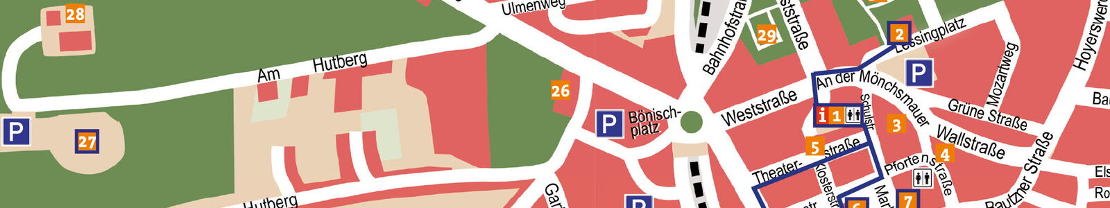 Ein Kartenausschnitt der Kamenzer Altstadt, in dem von allen Sehenswürdigkeiten jene gesondert markiert wurden, die barrierefrei erreichbar sind. Der Stadtplan ist für Menschen mit Sinnes- und Mobilitätseinschränkungen bestimmt.. 