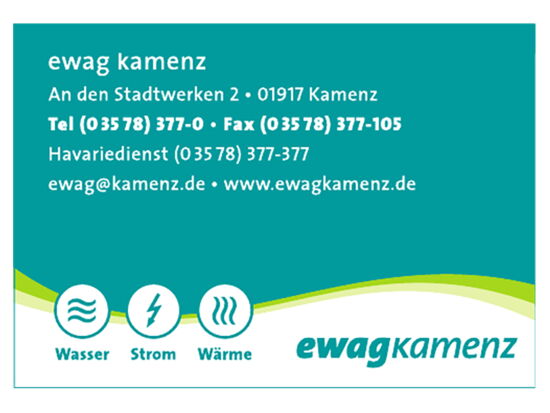 Logo / Visitenkarte der Ewag Kamenz mit der Adresse an den Stadtwerken 2, 01917 Kamenz. Tel 03578 3770, Fax 03578 377 105. Havariedienst 03578 377 377. E-Mail ewag@kamenz.de. Internet: www.ewagkamenz.de