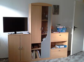 Alternative Wohnzimmeransicht mit einer Schrankwand in heller Holzoptik auf Teppich. Darin stehen ein TV, Bücher, Gläser und Ordner. Rechts eine Tür mit Türstopper.. 
