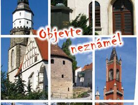 Titelbild des Flyers Kamenzer Stadtrundgang in Tschechisch mit 5 verschiedenen Stadtansichten als Beispiel für Sehenswürdigkeiten in der Stadt, wie das Rathaus, das Lessing-Museum, die St. Marien-Kirche und das Sakralmuseum.