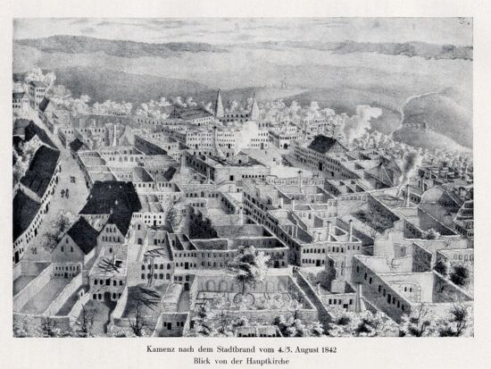 Schwarzweiß Zeichnung Blick von der Hauptkirche auf die zerstörte Stadt durch Stadtbrand 1842