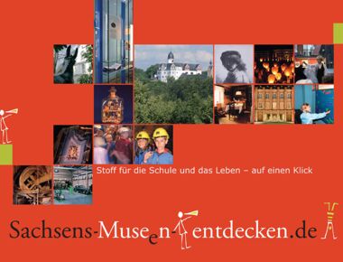 Postkarte Sachsens Museen entdecken mit der Aufschrift Stoff für die Schule und das Leben - auf einen Klick. 15 kleine Abbildungen unterschiedlicher Museen mit Besuchern, Exponaten und Gebäuden als Beispiel für Museumseinrichtungen in Sachsen.