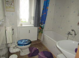 Badezimmer mit einer Toilette auf der linken Seite. Rechts eine Badewanne mit einem Meereswelt-Duschvorhang. Rechts vorne ein Waschbecken mit Unterschrank. In der Mitte im Hintergrund ein schmales Fenster.. 