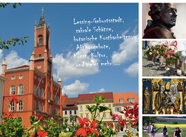 Titelbild der Imagebroschüre Kamenz. Im Mittelpunkt steht das rötliche Rathaus der Stadt. Im Vordergrund sind Blumen. Weitere Ausschnitte zeigen beispielhaft eine Lessing-Figur, Kinder mit Blumenschmuck beim Forstfest, den Annenaltar und Radfahrer.. 