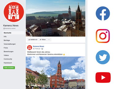 Sinnbild für die Social-Media Auftritte von Kamenz mit Ausschnitt der Facebook-Seite von Kamenz.News. Daneben sind die Logos von Facebook, Instagram, Twitter und YouTube abgebildet als Beispiel für weitere von Kamenz genutzt Social-Media-Kanäle.. 
