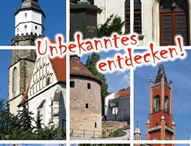 Titelbild des Flyers Kamenzer Stadtrundgang mit 5 verschiedenen Stadtansichten als Beispiel für Sehenswürdigkeiten in der Stadt, wie das Rathaus, das Lessing-Museum, die St. Marien-Kirche und das Sakralmuseum.. 