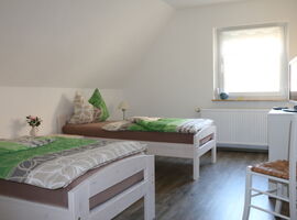 Zwei Einzelbetten mit Design-Blumen-Bettwäsche. Dazischen ein Nachttisch mit Blumenschmuck. Rechts ein Stuhl und eine Kommode mit einem TV darauf. Im Hintergrund ein Fenster.. 
