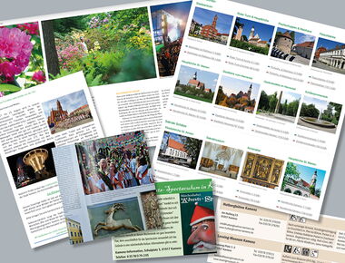 Sechs Bildausschnitte von Artikeln und Mediaserver als Beispiel der Presse- und Redaktionsarbeit des Kamenzer Stadtmarketing, wie z.B. Artikel, Katalogseiten, Broschüreneinträge und Anzeigen.. 