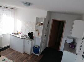 Pantry-Küche in der Ferienwohnung, mit Spüle, kleinem Kochbereich. Küchengeräten und Schränken.. 