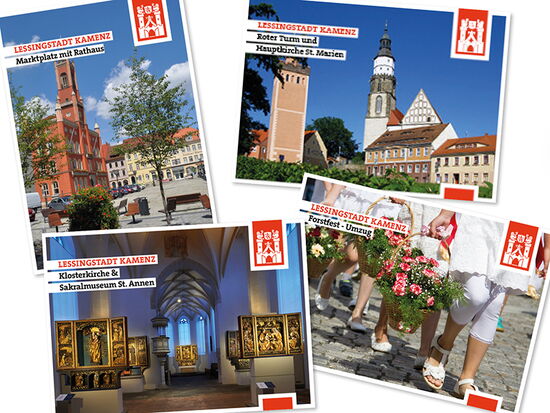 Vier Kamenz-Magnete mit unterschiedlichen Motiven wie das Rathaus am Marktplatz, der Rote Turm mit Hauptkirche, einem Forstfest-Umzug und der Innenansicht der Klosterkirche Sakralmuseum St. Annen. Beispiel für Souvenirs in Kamenz.. 