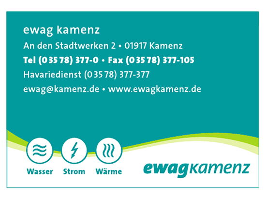 Logo / Visitenkarte der Ewag Kamenz mit der Adresse an den Stadtwerken 2, 01917 Kamenz. Tel 03578 3770, Fax 03578 377 105. Havariedienst 03578 377 377. E-Mail ewag@kamenz.de. Internet: www.ewagkamenz.de. 