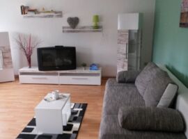 Helles modernes Wohnzimmer mit Laminat. Rechts ein graues Sofa mit Kissen. Davor ein weißer Beistelltisch auf einem schwarz-weißen Teppich. Im Hintergrund eine Wohnwand mit hellen Schrankvitrinen, Wandregalen, Deko, TV-Reck mit Fernseher und Pflanzendeko.