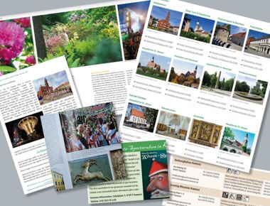 Sechs Bildausschnitte von Artikeln und Mediaserver als Beispiel der Presse- und Redaktionsarbeit des Kamenzer Stadtmarketing, wie z.B. Artikel, Katalogseiten, Broschüreneinträge und Anzeigen.