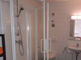 Badezimmer mit dunklen Bodenfliesen und hellen Wandfliesen. Links ein dunkles Regal mit Handtüchern und eine runde Dusche. Rechts dahinter die Toilette und ein Waschbecken mit Ablage und Wandspiegel.