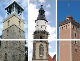 Flyer Kamenzer Aussichtstürme mit der Aufschrift Perspektiven wechseln. Ansicht der drei Aussichtstürme Lessing-Turm auf dem Hutberg, Roter Turm an der ehemaligen Stadtbefestigung und Turm der Kirche Sankt Marien.