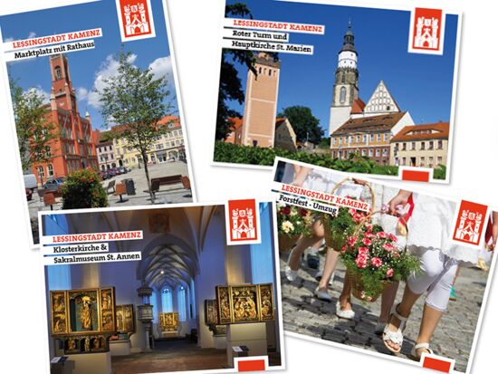 Vier Kamenz-Magnete mit unterschiedlichen Motiven wie das Rathaus am Marktplatz, der Rote Turm mit Hauptkirche, einem Forstfest-Umzug und der Innenansicht der Klosterkirche Sakralmuseum St. Annen. Beispiel für Souvenirs in Kamenz.