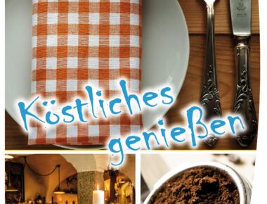 Titelbild des Flyers Gastronomieverzeichnis Kamenz mit der Aufschrift "Köstliches genießen". Ansichten eines Buffets, eines Restaurants und eines Biergartens als Symbol- und Beispielbilder.