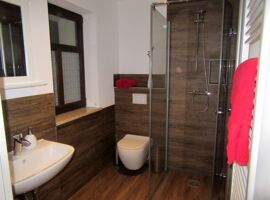 Beispiel Badezimmer der Gästezimmer am Schlossberg in Kamenz. Ein Raum mit einem Fenster und Boden und Wänden in dunkler Holzoptik. Links ein Waschbecken mit Spiegel darüber. In der Mitte eine Toilette. Rechts die ebenerdige Dusche mit Handtuchhalter.
