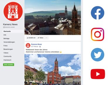 Sinnbild für die Social-Media Auftritte von Kamenz mit Ausschnitt der Facebook-Seite von Kamenz.News. Daneben sind die Logos von Facebook, Instagram, Twitter und YouTube abgebildet als Beispiel für weitere von Kamenz genutzt Social-Media-Kanäle.