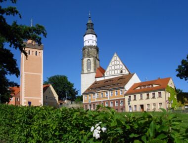 In der Mitte die Hauptkirche St. Marien mit Kirchturm. Davor Wohnhäuser. Links davon Roter Turm - ein Teil der ehemaligen Stadtbefestigung. Ansicht von der Pulsnitzer Straße aus im Sommer.
