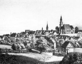 Schwarzweiß Zeichnung Blick von einem Feld auf die Stadt 1837