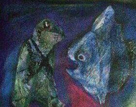 Pastellgemälde der Künstlerin Christina Hantsch als Beispielvisualisierung. Auf dem Pastell ist links ein grüner sitzender Frosch zu sehen. Rechts daneben ist ein blau-weißer Fisch, der den Frosch anschaut. Der Frosch schaut zu dem Fisch.